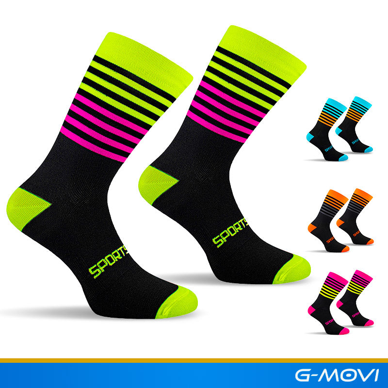 meia de compressão feminina listrada com cores neon e design gráfico